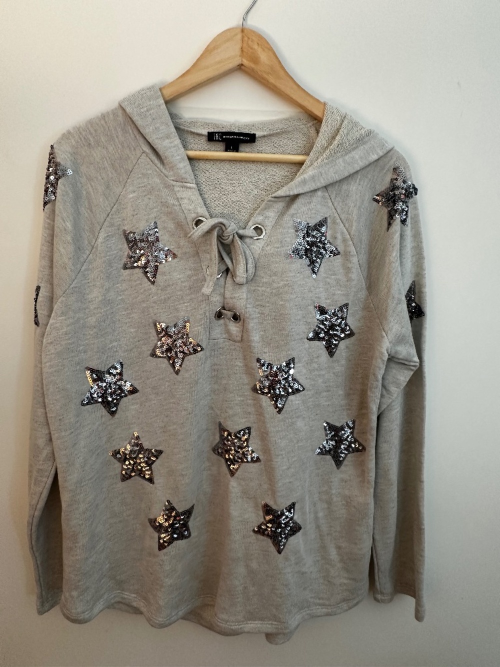 INC Women’s Sequin Star Hoodie Gray Lace-Up, Size L EUC